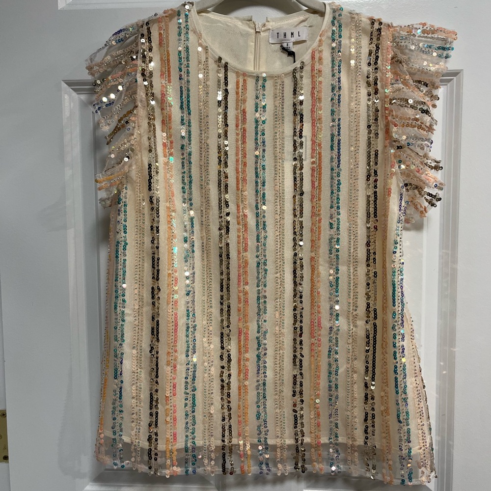 NWT THML Sequin Striped Short Sleeve Ruffle Blouse